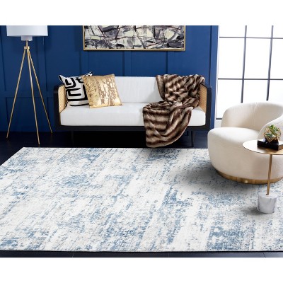 Ivory and Blue Abstract Square Synthetic Area Rug