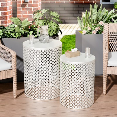 VisioGear 2PCS Patio End Tables, Indoor Outdoor Nesting End Carved Trellis Design Side Table, White, 12.5"*12.5"*16.5"