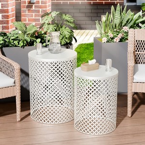 VisioGear 2PCS Patio End Tables, Indoor Outdoor Nesting End Carved Trellis Design Side Table, White, 12.5"*12.5"*16.5" - 1 of 4