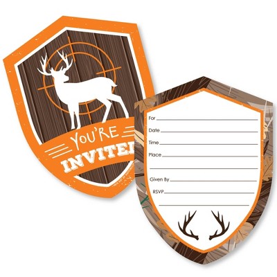 Big Dot of Happiness Gone Hunting - Shaped Fill-in Invites - Deer Hunting Camo Baby Shower or Birthday Party Invites Cards with Envelopes - Set of 12