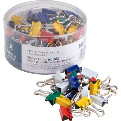 Business Source Binder Clips Mini 9/16"W 1/4" Capacity 100/PK Assorted 65360