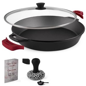 Cuisinel Cast Iron Skillet + Glass Lid + Red Chainmail Scrubber - 15"-Inch Dual Handle Braiser Frying Pan + Silicone Handle Covers. - 1 of 4