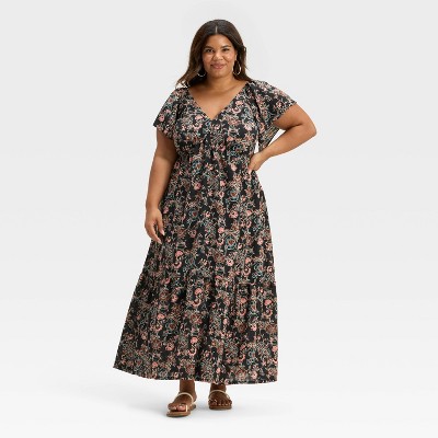 Women's Flutter Short Sleeve Maxi A-Line Dress - Universal Thread™ Black Floral