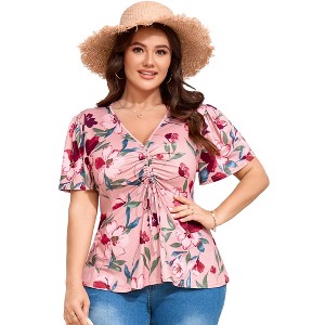 YESFASHION Women Plus Size Blouse V Neck Drawstring Top Floral Short Sleeve Shirt - 1 of 4