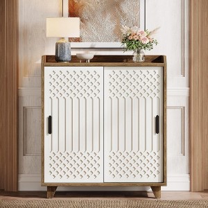 ORRD Farmhouse Sliding Door Sideboard, 35" Brown & White Buffet Cabinet with Geometric Doors for Small Spaces, Kitchen, Dining & Living Room - 1 of 4