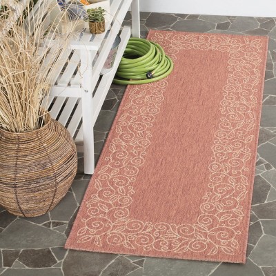 Terracotta and Beige Synthetic Indoor/Outdoor Runner Rug