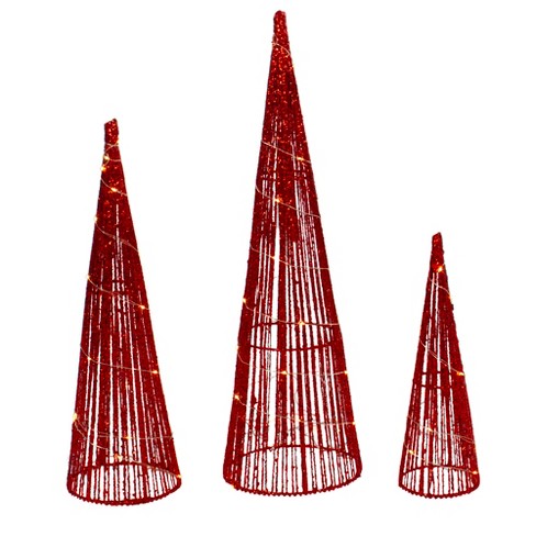 Northlight Set Of 3 Led Lighted Red Glitter Cone Tree Outdoor ...