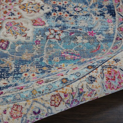 Vintage Kashan Round Blue Synthetic Persian-Inspired Rug, 6 ft