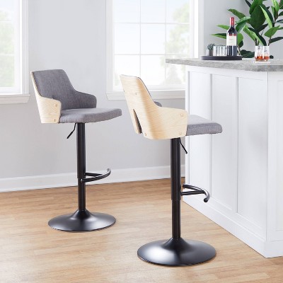 Stella Adjustable Swivel Barstools with Gray Fabric and Wood Back