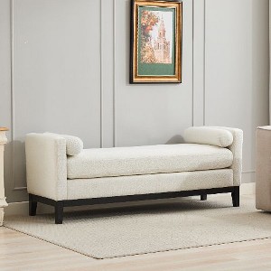 Kumasinova Boucle Upholstered Bed Bench with Fluted Wood Detail, Elegant Entryway Bench with Round Pillows, Ottoman Bench for Bedroom/Living Room - 1 of 4