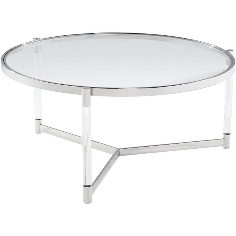 55 Downing Street Stefania Modern Metal Round Coffee Table 36" Wide Silver Glass Tabletop Clear Acrylic Legs for Living Room Bedroom Bedside Entryway, 5 of 9