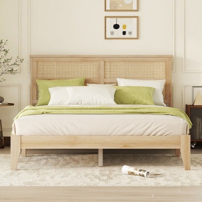 Platform Bed King Frame With Rattan Headboard, Platform Bed Storage With 2 Drawers, Wood Bed With Enhanced Support Salts And Feet-Cuddlewood