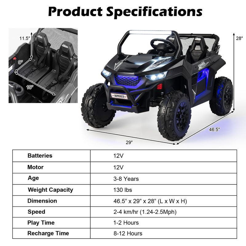 Costway 12V 2-Seater Kids Ride On UTV RC Electric Vehicle Suspension w/ Lights & Music, 3 of 11
