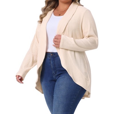 Agnes Orinda Women's Plus Size Texture Lapel Irregular Hem Long Sleeve Soft Knit Causal Open Front Cardigan 2X Beige