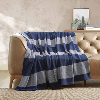 Boylston Navy Stripe Twin Cotton Reversible Blanket