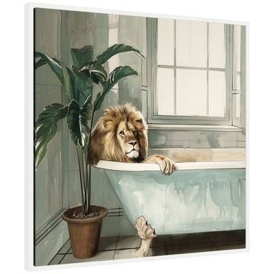 Kate & Laurel All Things Decor 30"x30" Sylvie Lion Relaxing in Tub Zen Bathroom Framed Canvas by The Creative Bunch Studio White