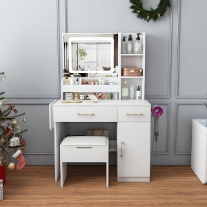 Okak Vanity Desk with LED Mirror and Power Outlet, Makeup Vanity with 3 Drawers and 7 Shelves, Vanity Set with Storage Stool for Bedroom - 1 of 4