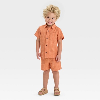 Toddler Boys' Seersucker Short Sleeve Button-Up and Pull-On Shorts Set - Cat & Jack™ Coral Orange