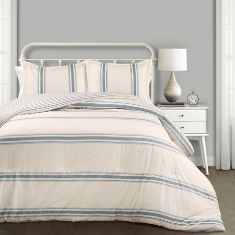 Lush Decor Lush Décor 3pc California King Farmhouse Stripe Reversible Oversized Comforter Set Blue: Year-Round Quilted Bedding Sets with Shams