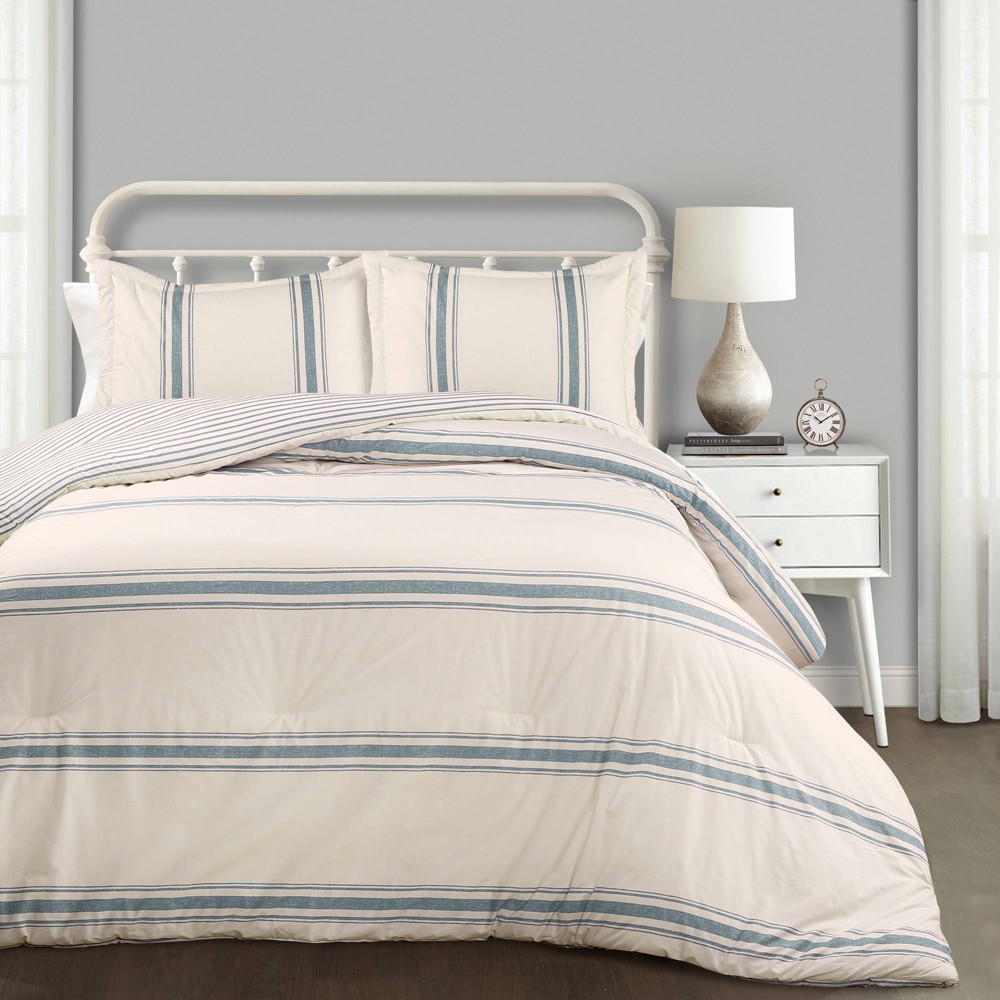 Photos - Duvet 3pc Full/Queen Farmhouse Stripe Reversible Cotton Comforter & Sham Set Blu