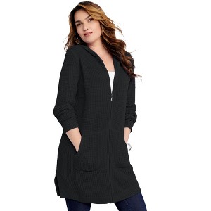 Roaman's Women's Plus Size Mega Length Waffle Zip Hoodie Sweater - 1 of 4