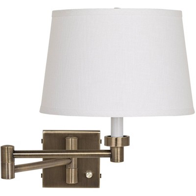 Barnes and Ivy Modern Swing Arm Wall Lamp Antique Brass Plug-In Light Fixture White Linen Drum Shade for Bedroom Bedside Reading