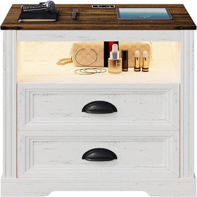 GlasFlength Nightstands Nightstand Farmhouse Style Bedside Table with Storage Drawers Simple Design for Bedroom, White, 19.68"*15.75"*23.62"