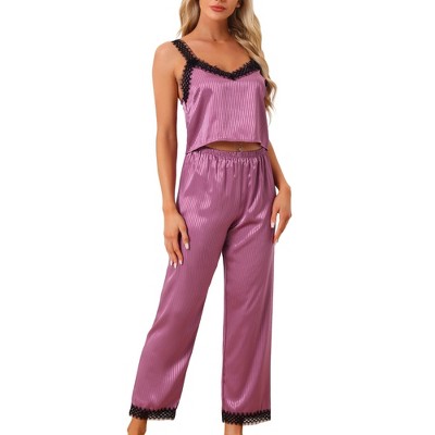 cheibear Women's Satin Lace Trim Cami with Long Pant 2 Pieces Pajama Set