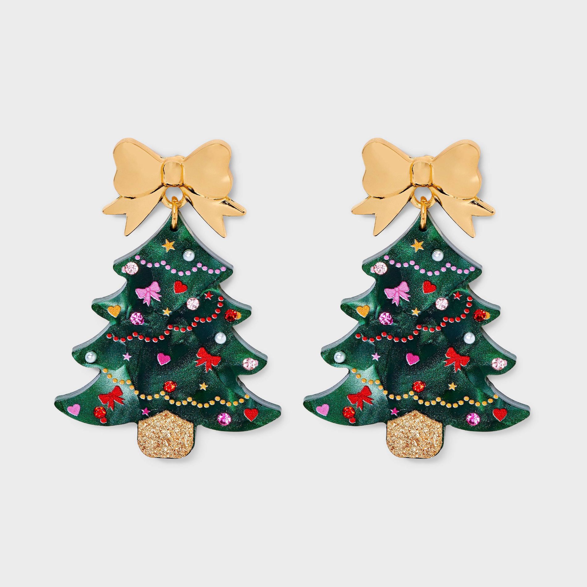 Christmas Tree and Bow Post Drop Earrings - Green