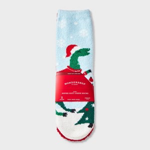 Kids' 2pk Christmas Dinosaur & Snowflakes Cozy Crew Socks with Gift Card Holder - Wondershop™ - 1 of 3