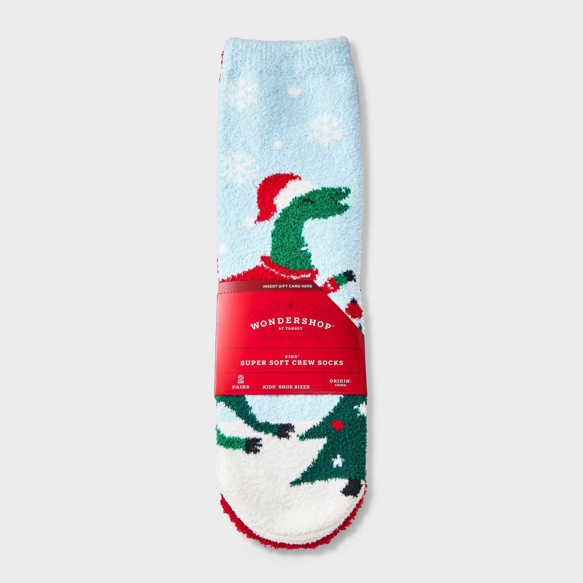 Kids' 2pk Christmas Dinosaur & Snowflakes Cozy Crew Socks with Gift Card Holder - Wondershop™