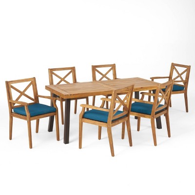 Juniper 7pc Acacia Wood Dining Set - Teak/Blue - Christopher Knight Home