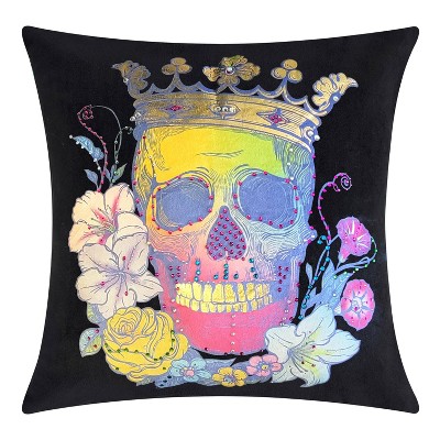 18"x18" Skull with Flowers Velvet Square Throw Pillow Black - Edie@Home