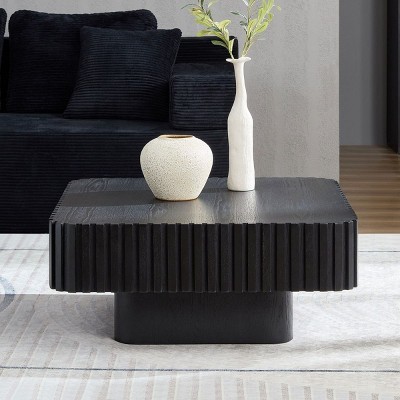 31'' Modern Small Wood Square Coffee Table, Handcraft Drum Coffee Table with MDF Pedestal Base for Living Room,Compact Spaces-Coolbibila