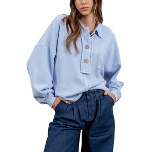 August Sky Women's Spread Collar Half Button Up Knit Pullover - 1 of 4
