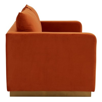 Mid-Century Modern Velvet Loveseat in Orange Marmalade with Gold Frame