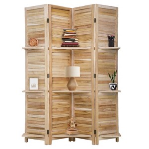 FDW Room Divider 4 Panel Folding Privacy Wooden Screen with 3 Clever Shelves Portable Partition for Home Office or Living Room - 1 of 4