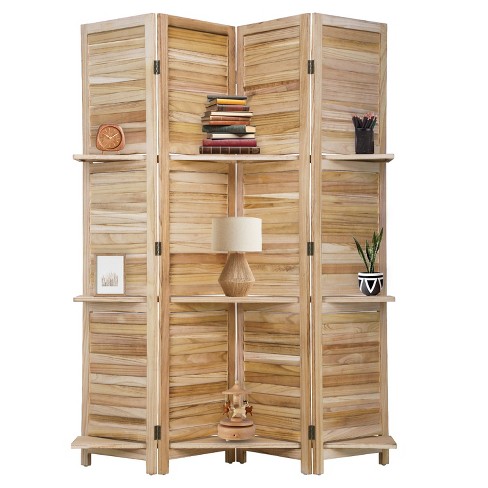 FDW Room Divider 4 Panel Folding Privacy Wooden Screen with 3 Clever Shelves Portable Partition for Home Office or Living Room - image 1 of 4