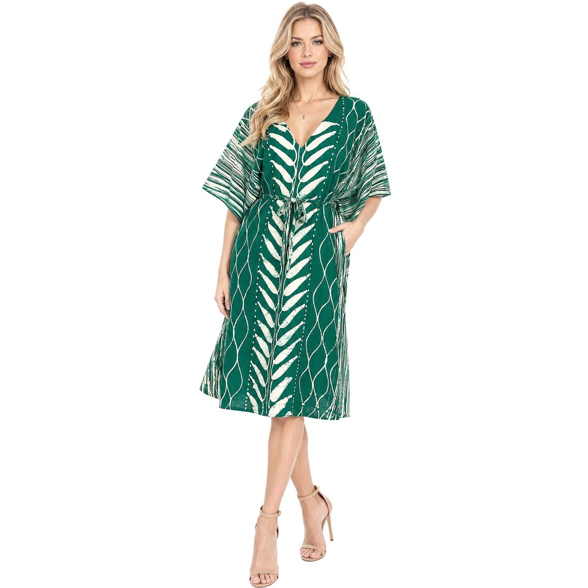 LA LEELA Summer Cotton Women Holiday Caftan Dress Resortwear Vacation Cruise Loungewear Maternity Friendly Travel Wear 2X-3X Green Leaf