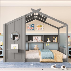 Twin/Full Size House Platform Bed Frame Toddler Floor Bed Kids Montessori Bed Playhouse Bed with Storage Shelf - ModernLuxe - 1 of 4