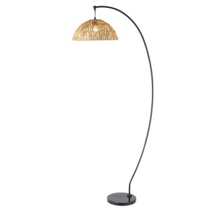 77 Metal and Rattan Bowl Boho Floor Lamp Black River of Goods Standing Light with Push Button Foot Switch