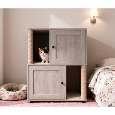 Particle Board Cat Litter Cabinet, Double Layer Enclosure Furniture with Storage for Cat Hygiene, Hidden Litter Box Cabinet with Waste Organizer
