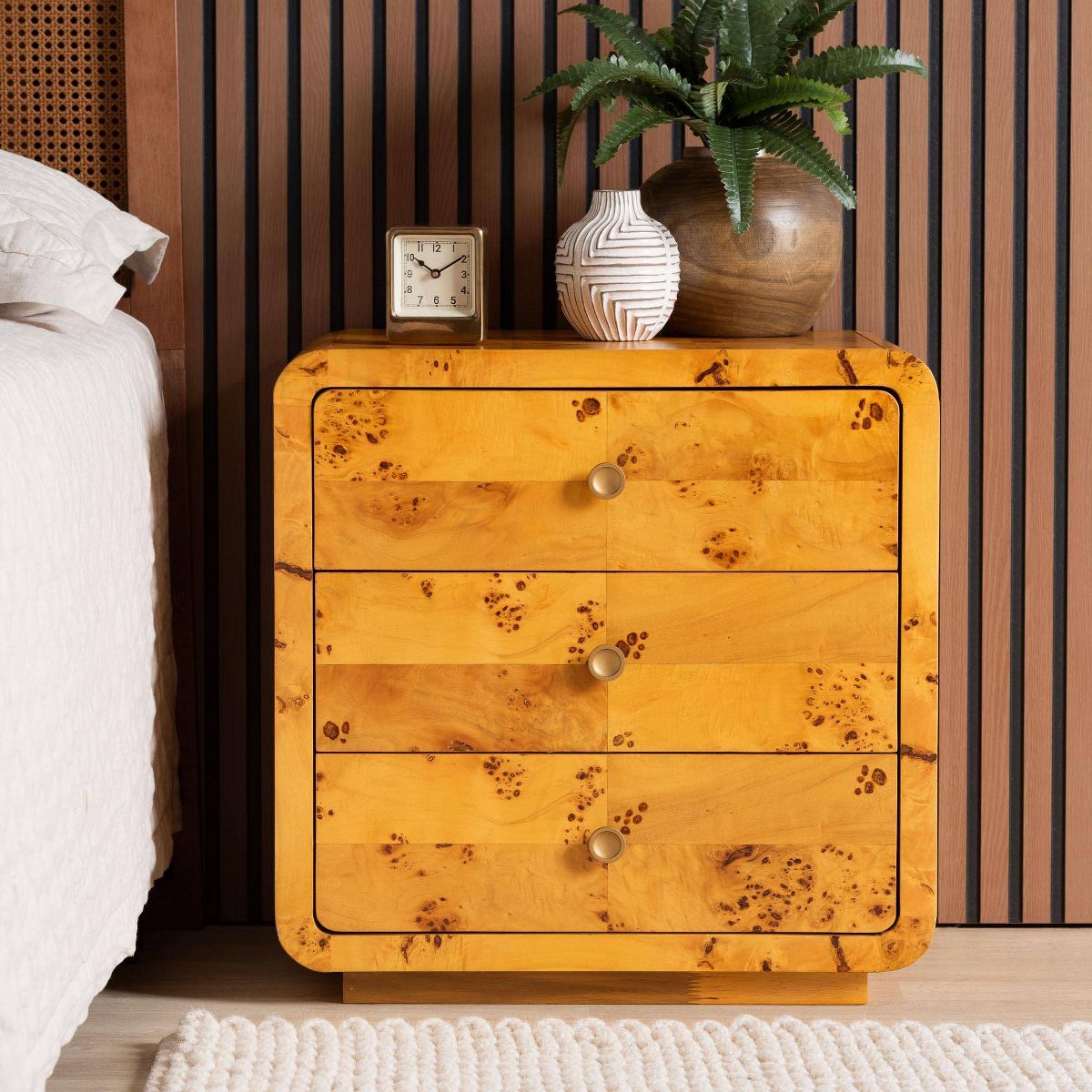 bali & pari Netra Real Burl Wood 3 Drawer Nightstand Light Mappa Burl - thumbnail 9