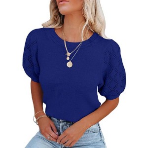 Womens Short Sleeve Lightweight Sweaters Crewneck Knit Pullover Tops with Crochet Sleeve Casual Crochet Blouse Shirt for Spring, Summer - 1 of 4
