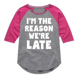 Girls' - Instant Message - I'm The Reason We're Late Shirt Tail Raglan Graphic T-shirt - 1 of 4