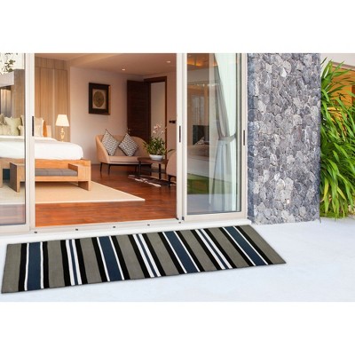 Navy and Gray Striped Synthetic Flat Woven Rug