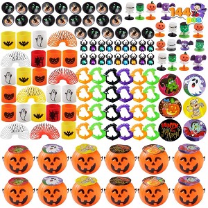 SYNCFUN 144 Pcs Halloween Toy Gifts for Kids, 24 Packs Prefilled Mini Pumpkin Buckets with toys for Kids Halloween Party Favors Trick or Treat - 1 of 4
