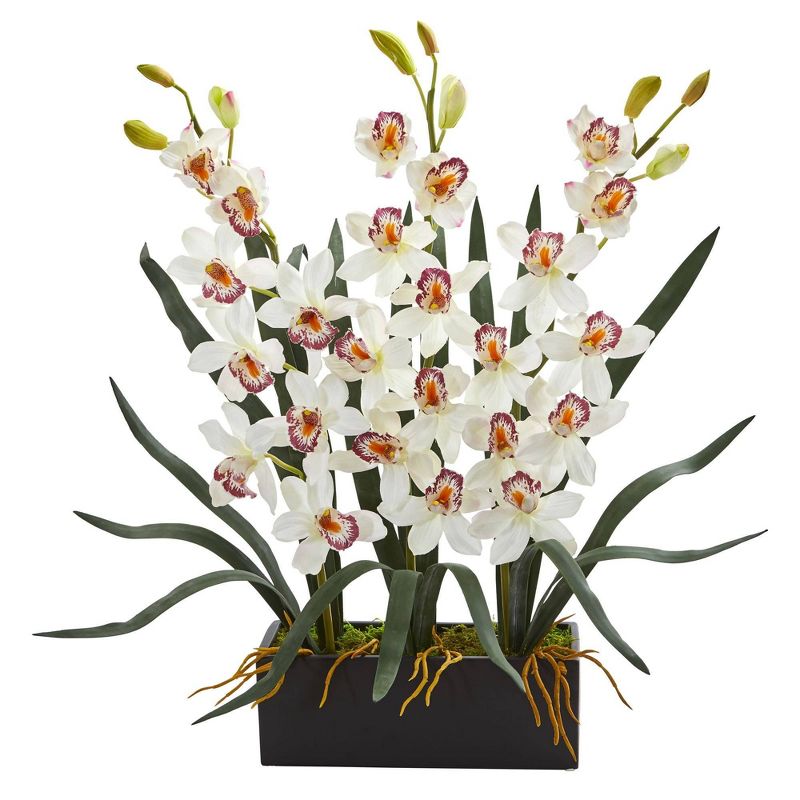 Nearly Natural 25-in Cymbidium Orchid Artificial Arrangement in Black Vase, 2 of 4