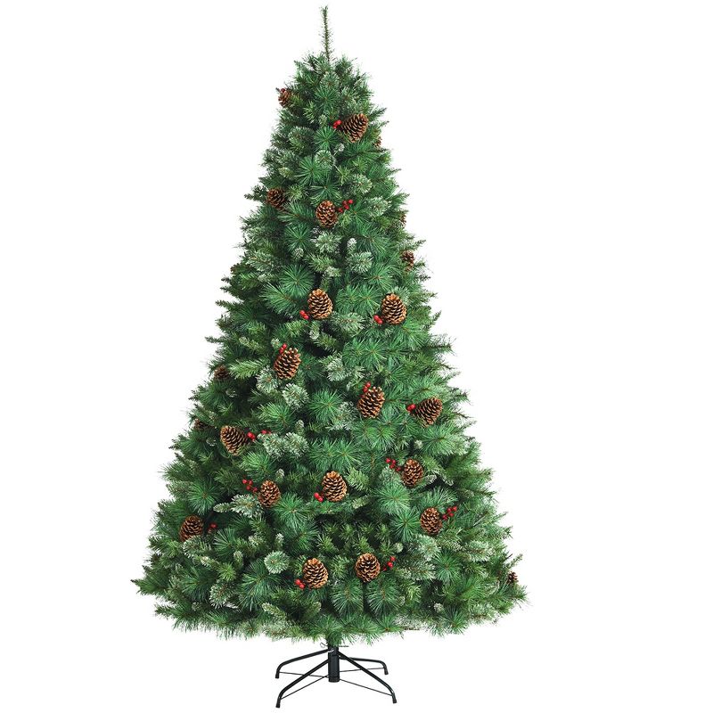 Costway 6ft \7ft\8ft Unlit Hinged PVC Artificial Christmas Pine Tree with Red Berries, 1 of 11