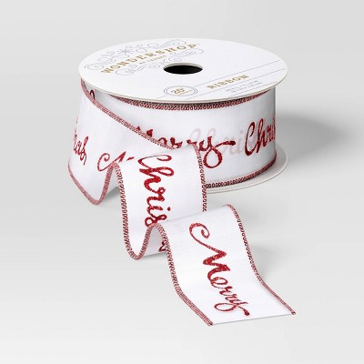 Image of 1.5" 'Merry Christmas' Fabric Ribbon 20' White/Red - Wondershop™